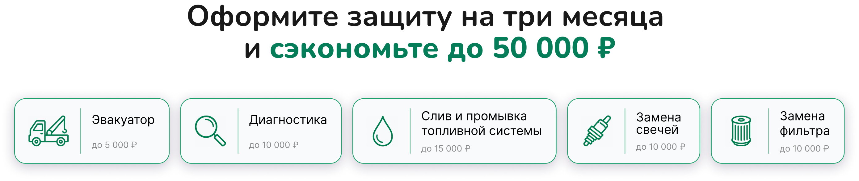 Покрытие до 50 000 рублей: эвакуатор, диагностика, слив и промывка топливной системы, замена свечей и фильтра